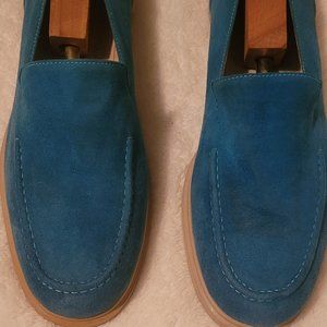 Bally women's suede slip on teal blue loafers